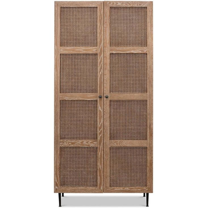 a tall wooden cabinet with wicker doors