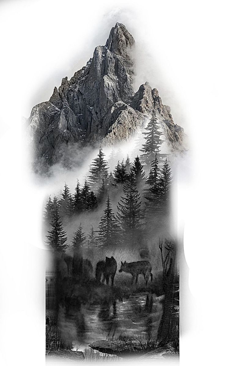 a black and white photo of some animals in the woods with mountains in the background