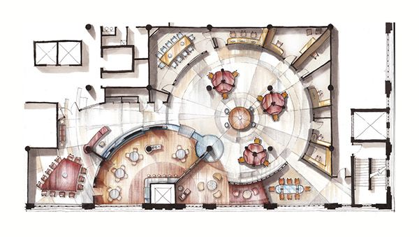 a drawing of a restaurant floor plan with tables and chairs in the center, as well as seating areas