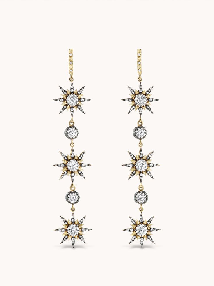 Stella Sunburst Earrings White Diamond | Marlo Laz Elegant Star-shaped Evening Jewelry, Luxury Star-shaped Party Jewelry, Elegant Star-shaped Diamond White Earrings, Celestial Diamond Earrings With Accents, Celestial Diamond Earrings With Diamond Accents, Luxury Star-shaped Earrings With Diamond Accents, Elegant Starburst Earrings For Anniversary, Elegant Star Shaped Earrings With Diamond Accents, Luxury Star-shaped Earrings For Formal Occasions