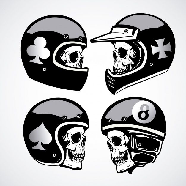 four different types of motorcycle helmets with skulls on them