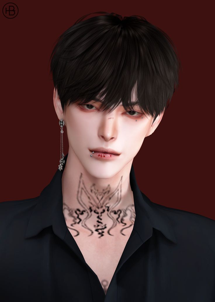 an animated image of a man with tattoos on his neck and chest, wearing a black shirt