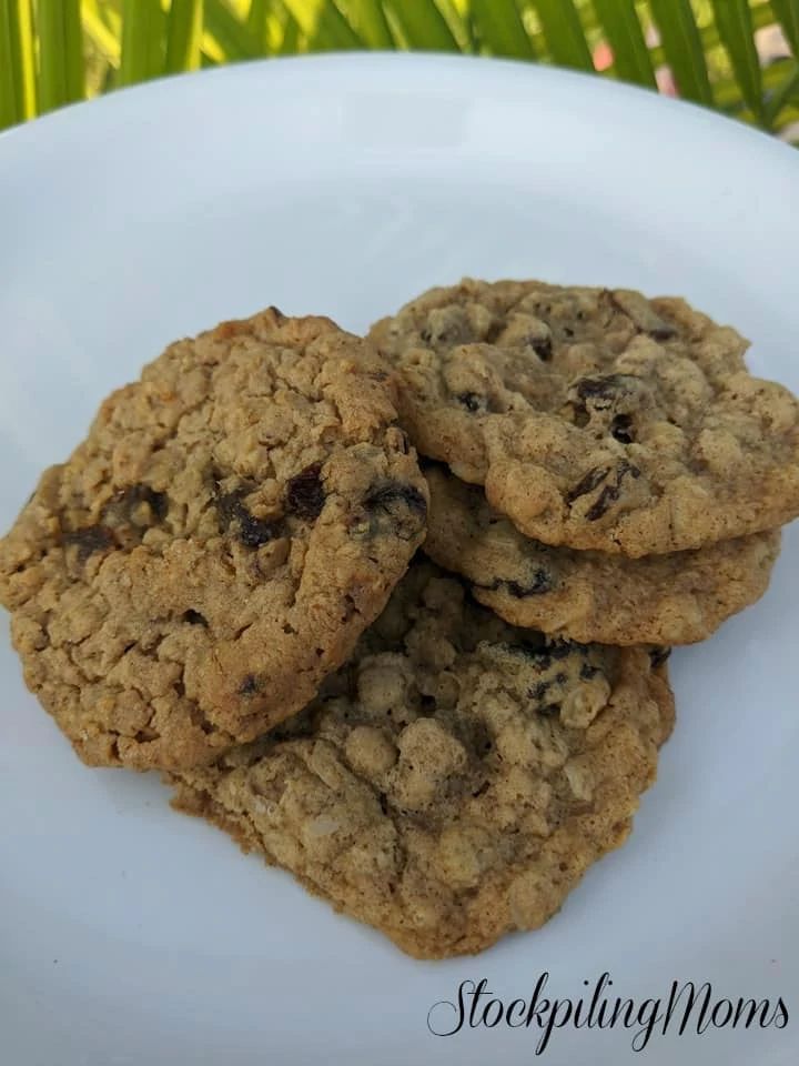 three oatmeal cookies on a white plate with palm leaves in the background