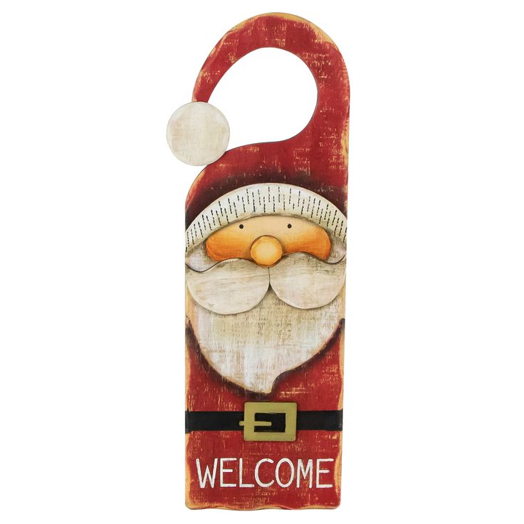 a wooden door hanger with a santa clause on it's face and the words welcome