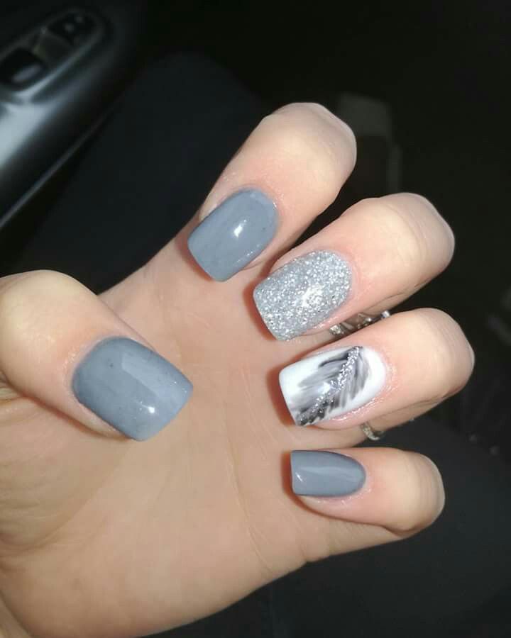 Grey Nails 2023, Gray Nail Designs Winter, Grey Blue Nails Designs, Blue And Gray Nails, Simple Grey Nails, Grey Nail Ideas Acrylic, Grey Fall Nails, Gray Nail Ideas Acrylic, Feather Nail Art Designs