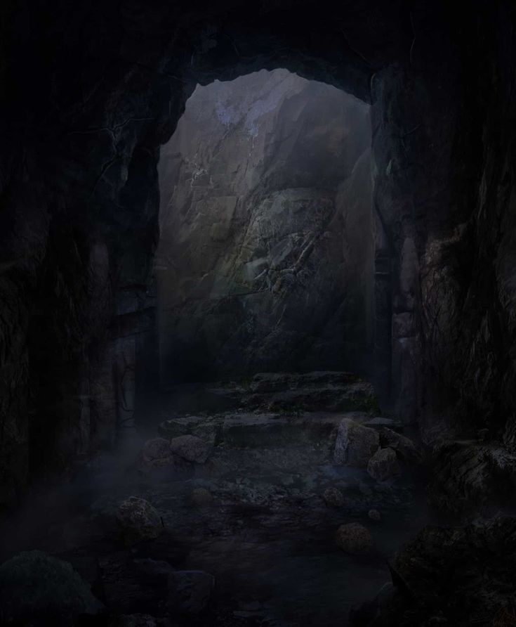 a dark cave filled with lots of rocks and water next to a light at the end