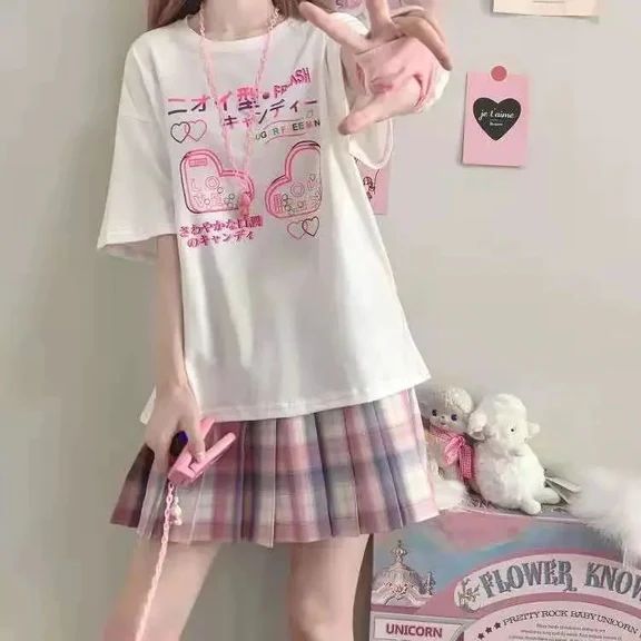 Harajuku Kawaii T-Shirt - Pastel Kitten Cartoon Streetwear, Kawaii Punk, Soft Girl Style, Punk Top, Kawaii T Shirt, 90s Y2k Fashion, Women Anime, Alt Clothes, Rash Guard Swimwear