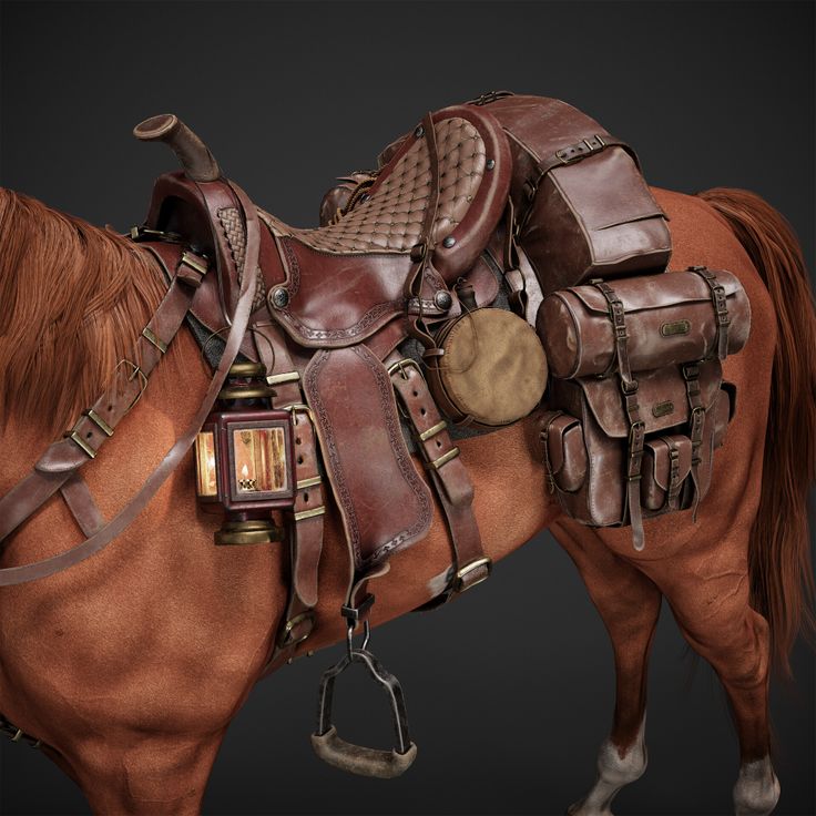 a brown horse with saddles on it's back