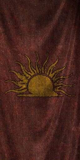 the sun is shining brightly on a maroon cloth with gold threadwork in the center