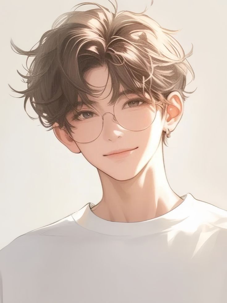 an anime character with glasses on his face and hair blowing in the wind, wearing a white t - shirt