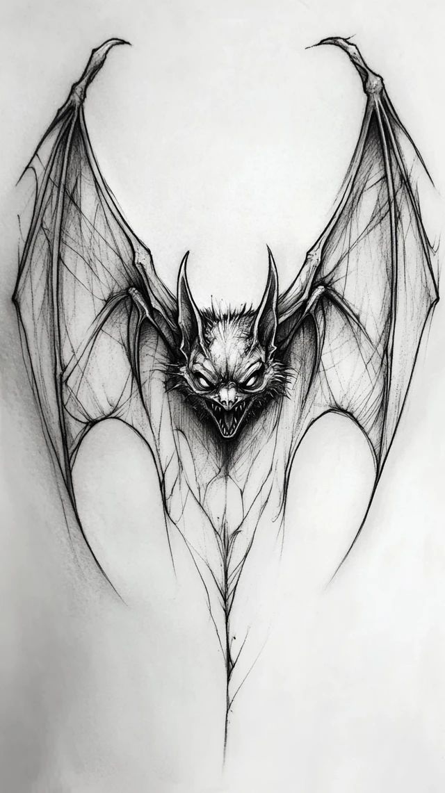 a black and white drawing of a bat with large wings on it's back