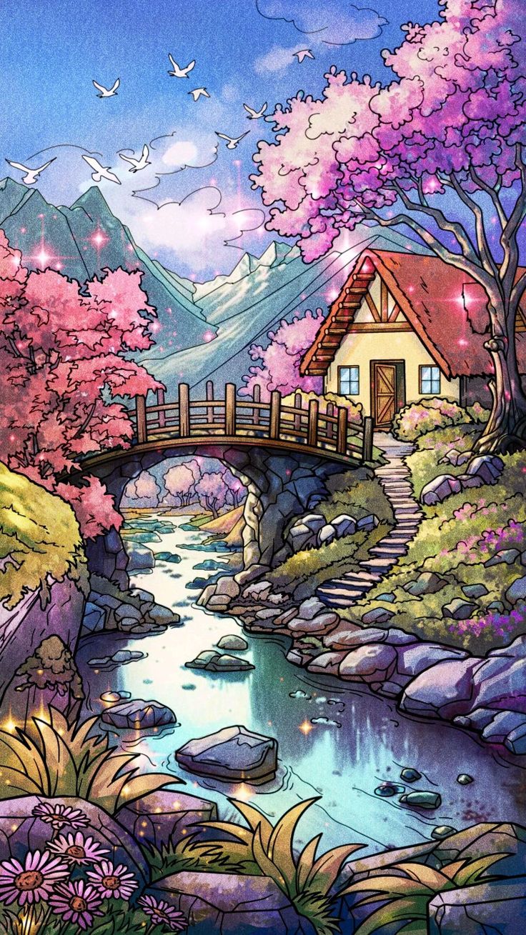 a painting of a house on a bridge over a river with flowers and trees around it