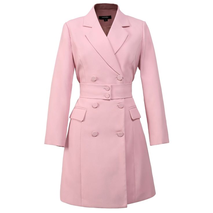 A timeless mid-season piece, this coat remains a safe and modern value. It is embellished here with flaps on the hips, a tailored collar, double buttoning and a wide buckled belt highlighting the waist. An item that is both chic and refined with many possibilities, a must-have for any wardrobe. To wear without moderation as soon as fall arrives. Main material: 100% Polyester. Lining: 100% Polyester.  Hand washing. Low ironing temperature / bleaching prohibited. Do not tumble dry. Luxury Long Sleeve Blazer Dress With Double Button, Spring Collared Blazer Dress For Workwear, Luxury Spring Pea Coat With Double Button Closure, Luxury Pea Coat With Double Button Closure For Spring, Chic Fitted Double-breasted Pea Coat, Elegant Double-breasted Outerwear With Lapel Collar, Chic Workwear Pea Coat With Double-breasted Button Fastening, Chic Tailored Single Breasted Pea Coat, Luxury Long Sleeve Single Breasted Blazer Dress