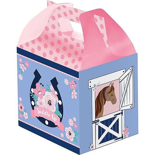 a pink and blue box with a horse on it