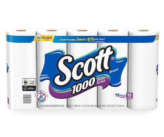 3 rolls of scott toilet paper in white packaging with blue and purple lettering on each roll