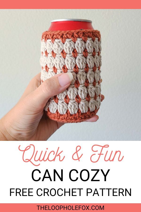 a crocheted can cozy with text overlay that says quick and fun can cozy free crochet pattern