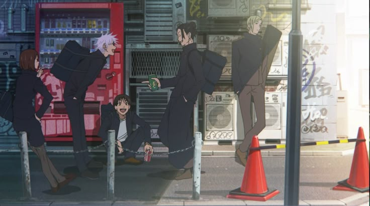 an anime scene with people standing in front of a building and one person leaning on a pole