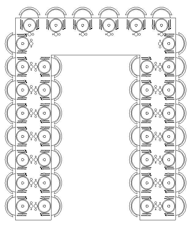 an overhead view of a dining room table and chairs, with two rows of seats in the center