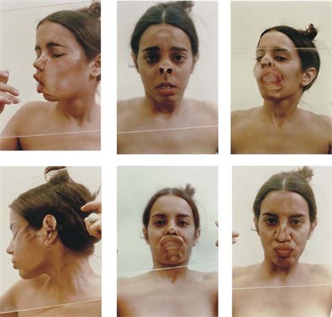 multiple pictures of a woman's face with various stages of facial hair and makeup