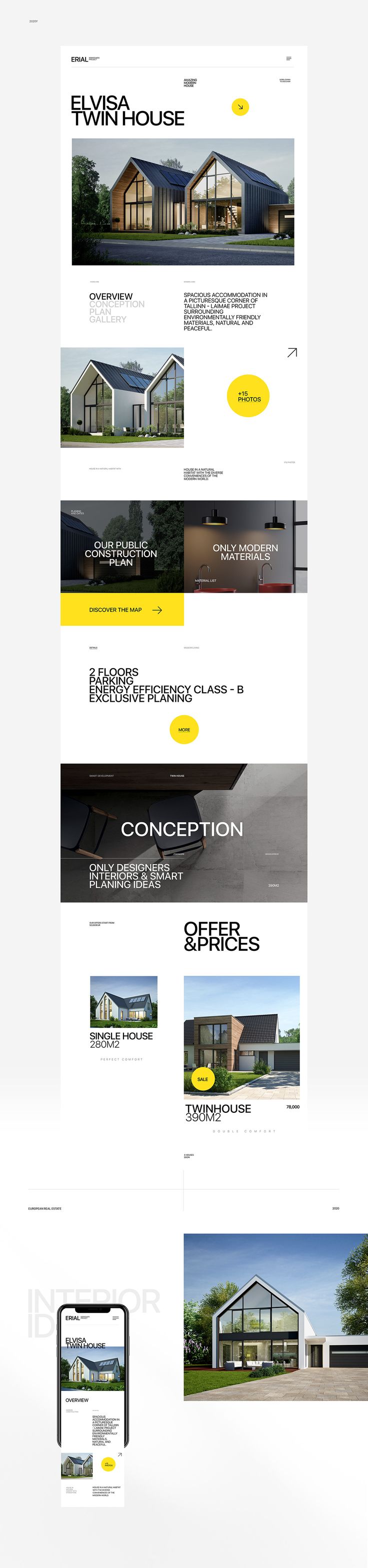 the website design for an architectural company is shown in yellow and white colors, with black accents