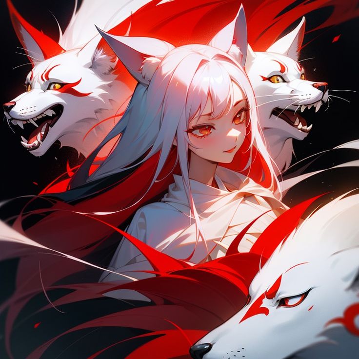 an anime character with red hair and two white wolfs