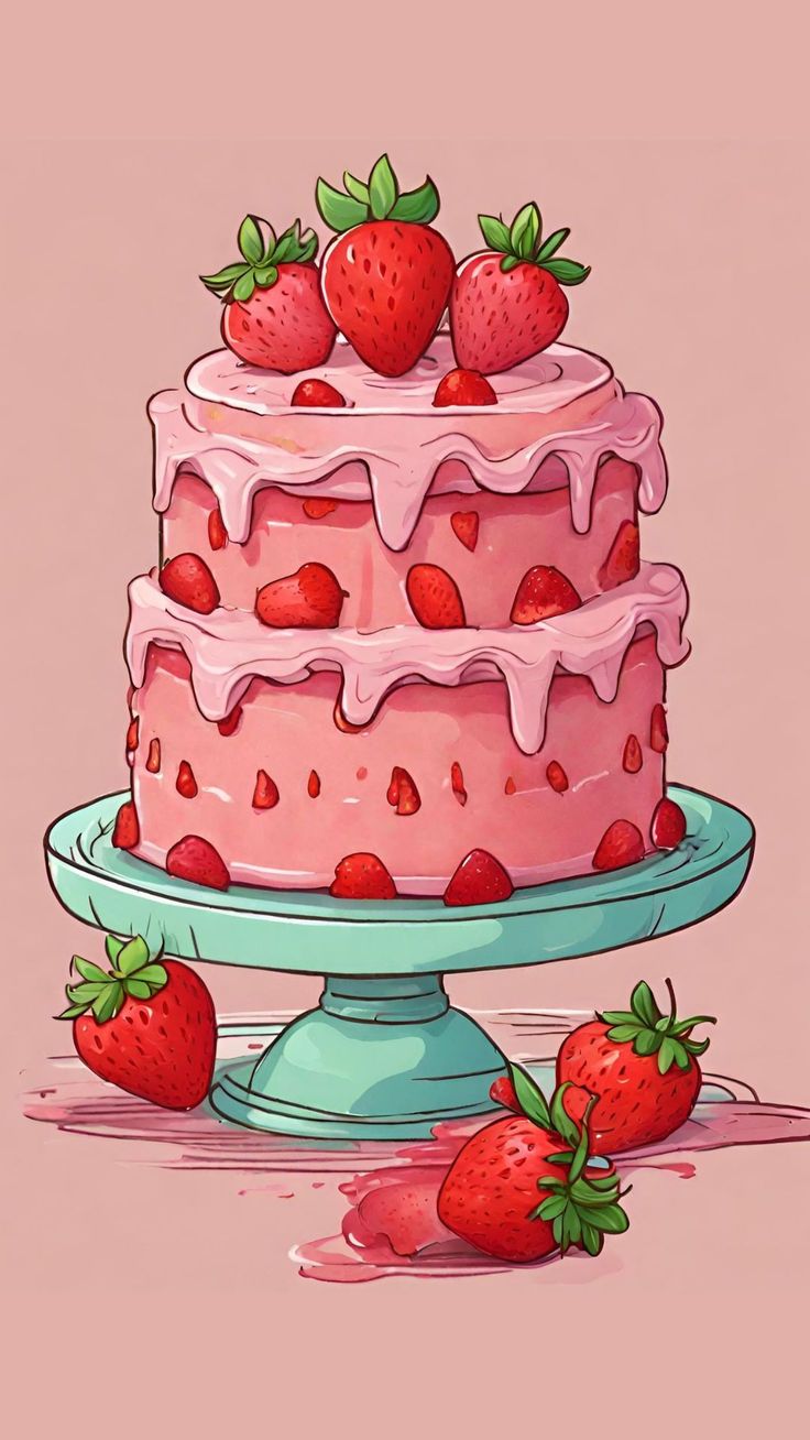 Strawberry Cake Cake And Cheesecake, Cake Sketch, Delicious Strawberry Cake, Aesthetic Tumblr Backgrounds, Cake Wallpaper, Strawberry Art, Cake Drawing, Sweet Drawings, Cake Illustration