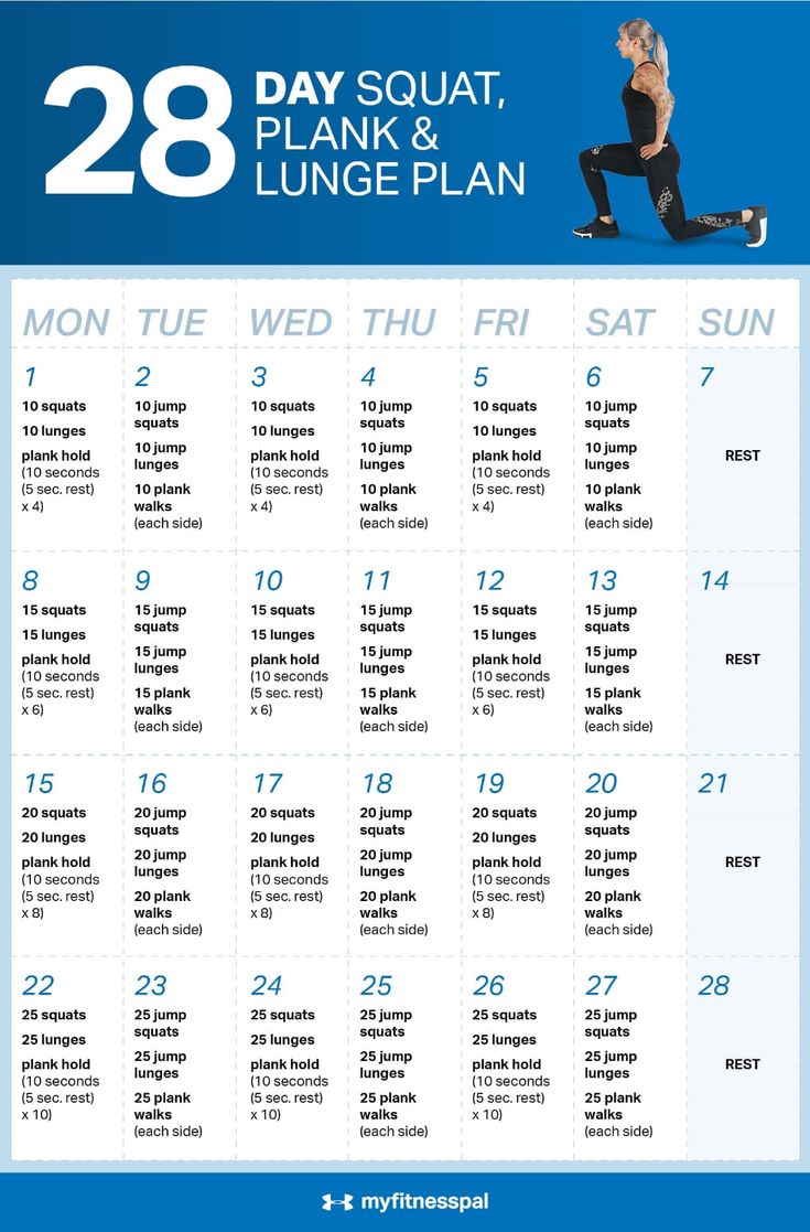 the 28 day squat, plank and lunge plan is shown in blue with white lettering