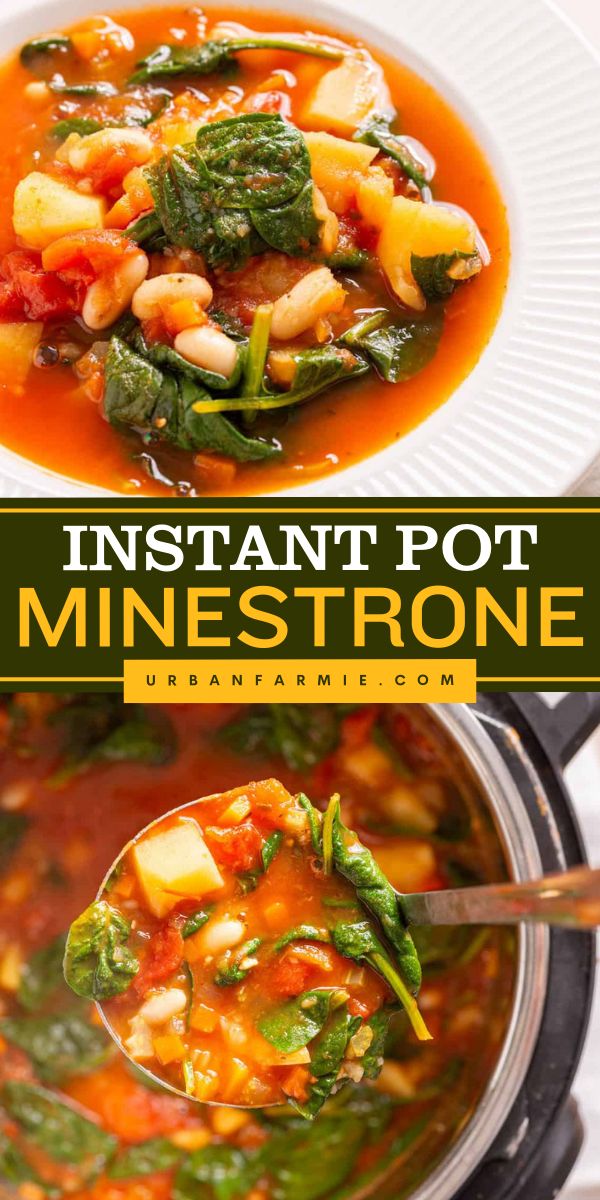 Easy to make fall comfort food for dinner! This Instant Pot Minestrone recipe is packed with hearty veggies, beans, and Italian seasonings, and is ready in 30 minutes. Make this fall soup recipe perfect for a quick and nutritious vegetarian meal! Healthy Fall Soups Vegetarian, Minestrone Soup Recipe Instant Pot, Instant Pot Soup Vegetarian, Minestrone Soup Instant Pot, Instapot Soup Recipes, Instant Pot Minestrone Soup, Instant Pot Vegetable Soup, Minestrone Recipe, Hearty Fall Meal