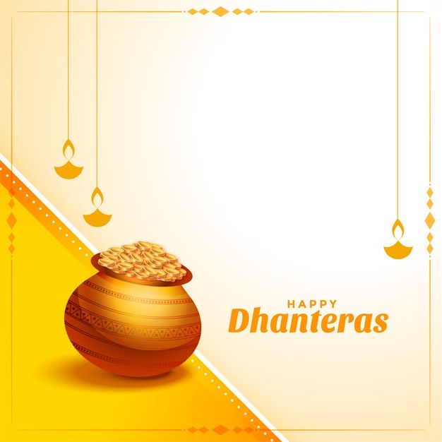 happy dhanteras greeting card with golden pot and chandelier hanging from strings