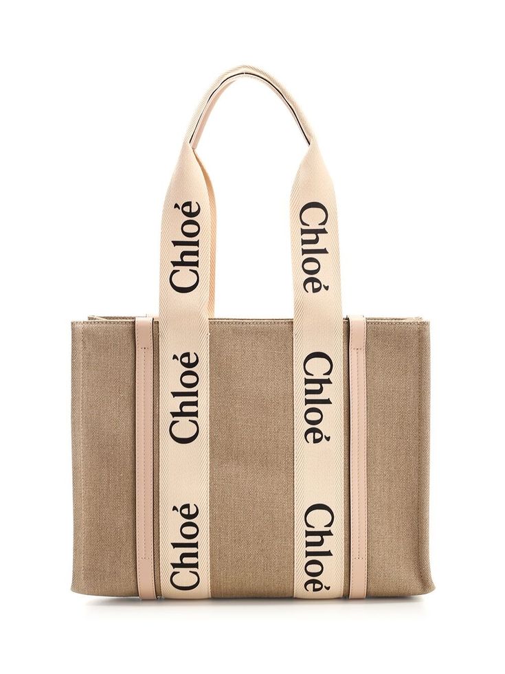 Medium "Woody" tote bag in linen canvas from Chloé, with powder pink Chloé Blushy logo, calfskin details and internal pocket. Chloe Logo, Bags Aesthetic, Chloe Bag, Medium Tote, Powder Pink, Medium Bags, Harrods, Beach Bag, Givenchy