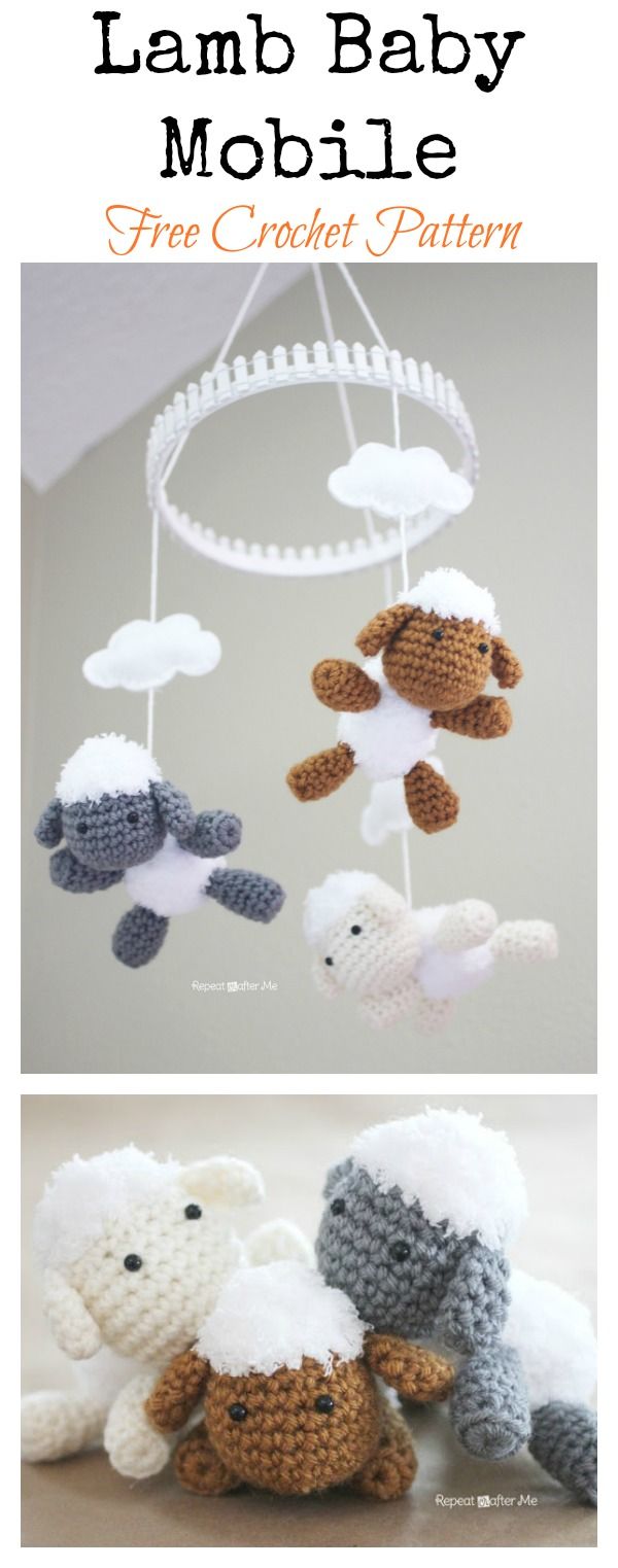 three crocheted sheep mobiles hanging from the ceiling with text overlay that says lamb baby mobile free crochet pattern