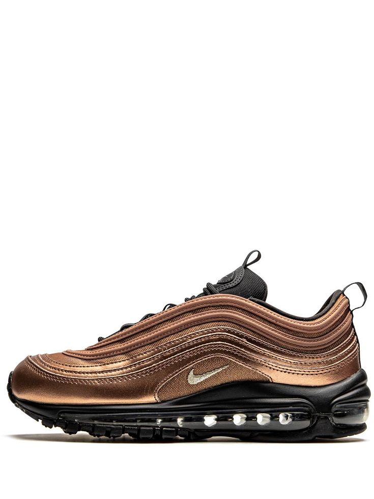 Metallic bronze-tone Air Max 97 sneakers from NIKE featuring round toe, flat rubber sole, front lace-up fastening, branded insole and signature Swoosh logo detail. These styles are supplied by a premium sneaker marketplace. Stocking only the most sought-after footwear, they source and curate some of the most hard to find sneakers from around the world.. Nike Air Max 97 Women, Nike Shoes Photo, Bling Nike Shoes, All White Sneakers, Sneakers Brown, Shoes Photo, Nike T, Nike Air Max For Women, Pink And Brown