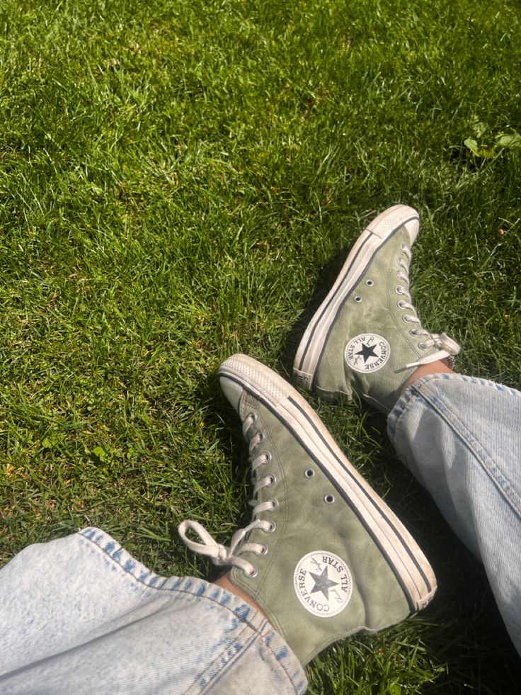 converse, park, grass, green, sage green, shoes, aesthetic Retro Sage Green Aesthetic, Sage Converse Outfit, Green Shoes Aesthetic, Green Converse Aesthetic, Sage Green Shoes, Light Green Converse, Sage Green Converse, Rock And Roll Aesthetic, Mint Green Shoes