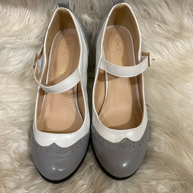 Nwot Chase & Chloe Gray And White Mary Jane’s Grey Mary Janes, White High Heel Mary Janes For Spring, White Round Toe Mary Janes For Spring, White Mary Janes With Round Toe For Spring, White Round Toe Mary Janes For Formal Occasions, White Round Toe Mary Janes For Formal Events, Casual White Mary Janes With Ankle Strap, White Mary Jane Heels Medium Width, White Leather High Heel Mary Janes