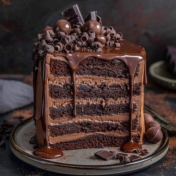 a piece of chocolate cake on a plate with some frosting and chocolate candies