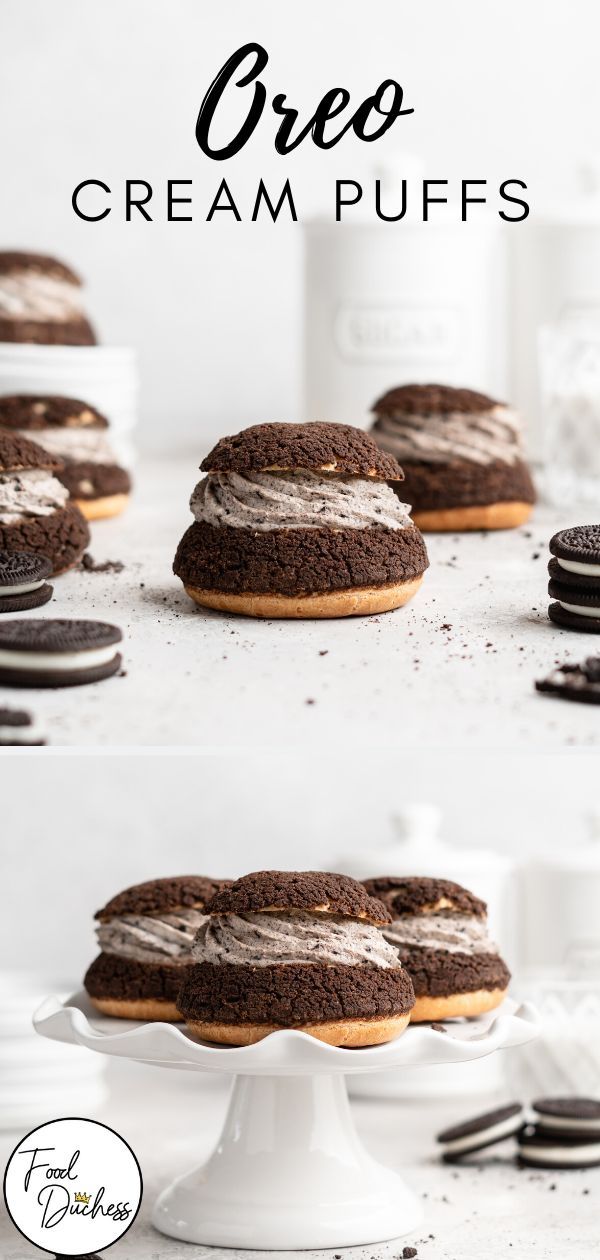 an oreo cream puffs dessert on a white cake plate with chocolate cookies around it