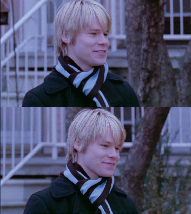 two pictures of a man with blonde hair wearing a scarf