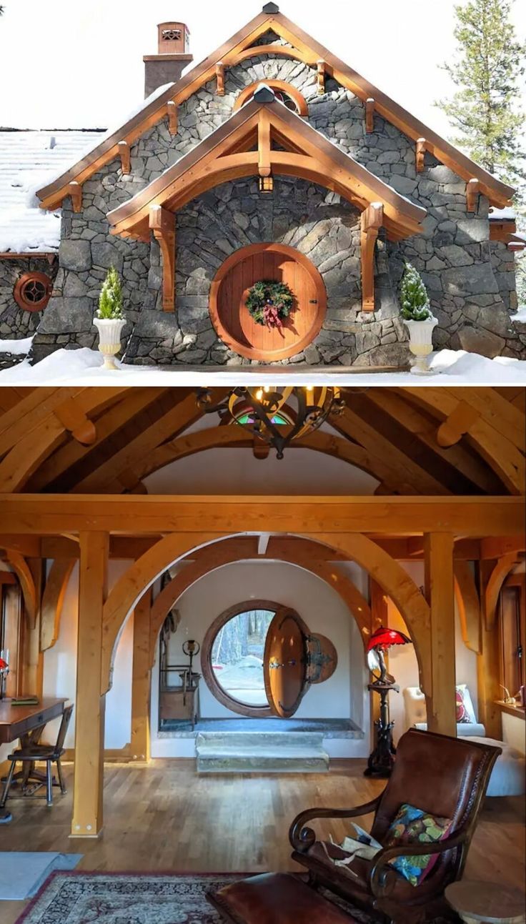 the inside and outside of a house with wood trimmings, stone walls and arched windows