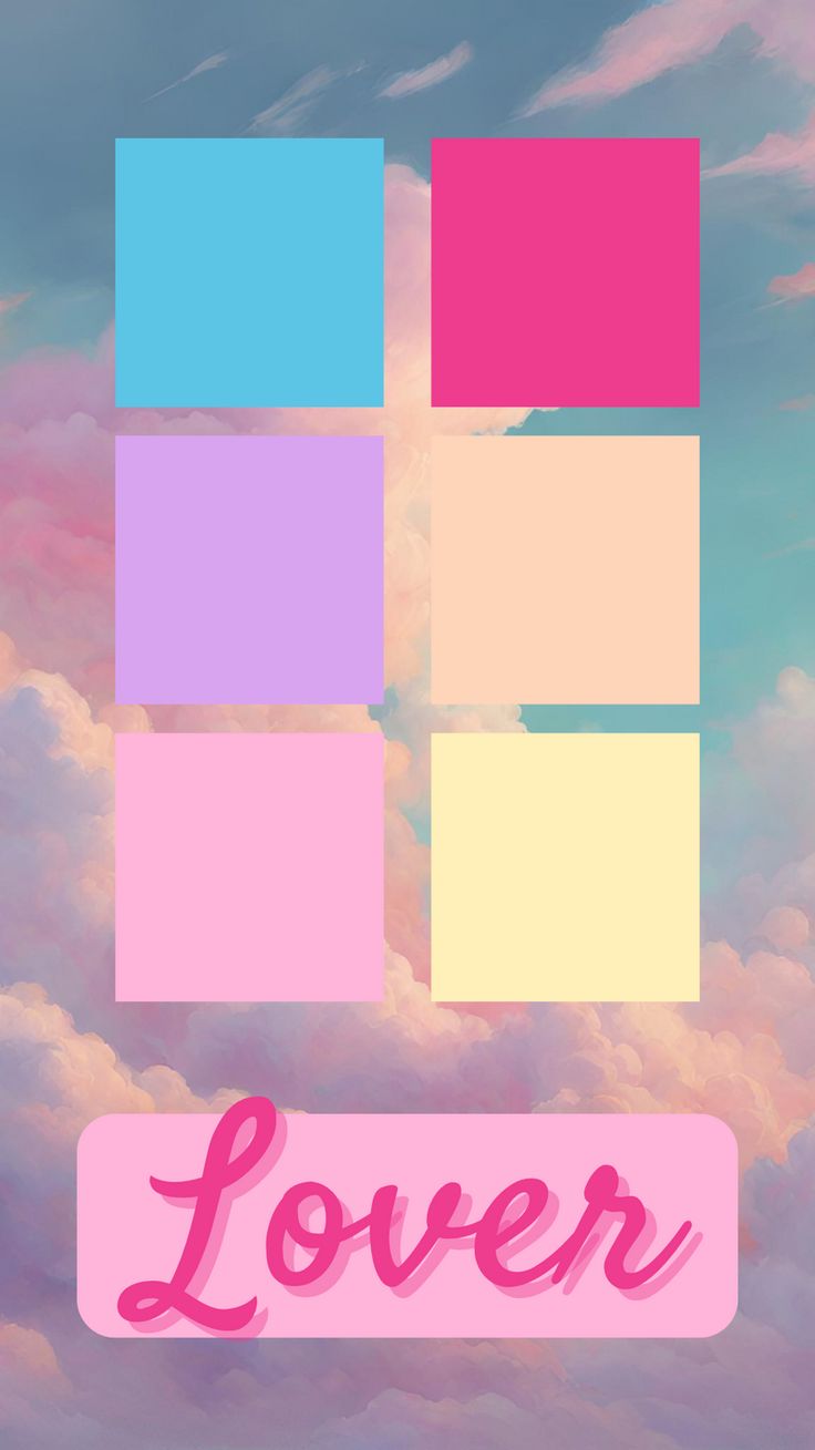 the words lover are written in pink, blue and yellow squares on a background of clouds