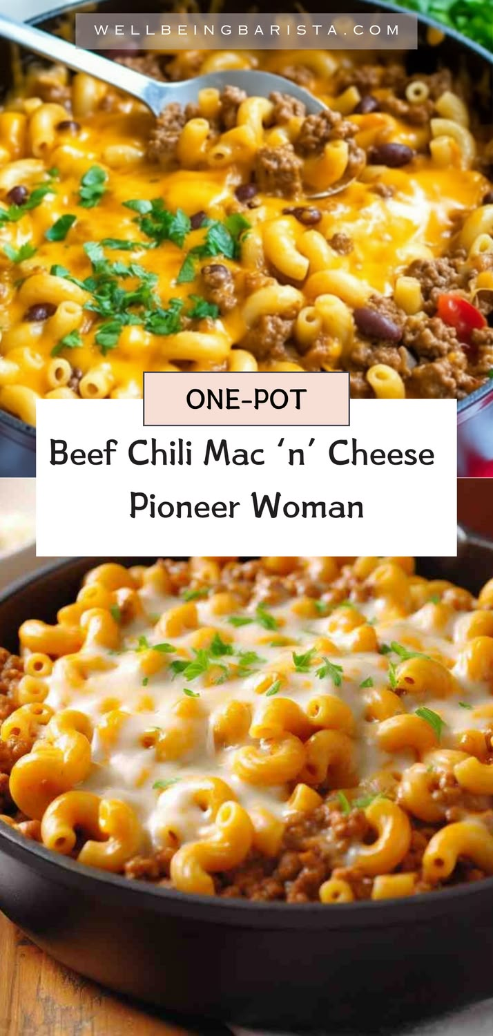 one - pot beef chili mac'n'cheese dinner woman with text overlay