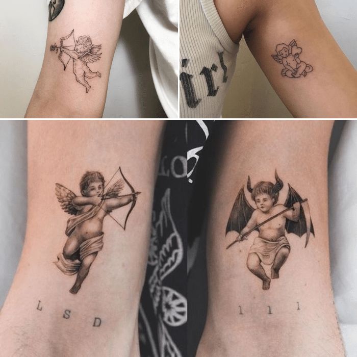 two pictures show the same tattoo designs on both arms and legs, one with an angel holding a bow