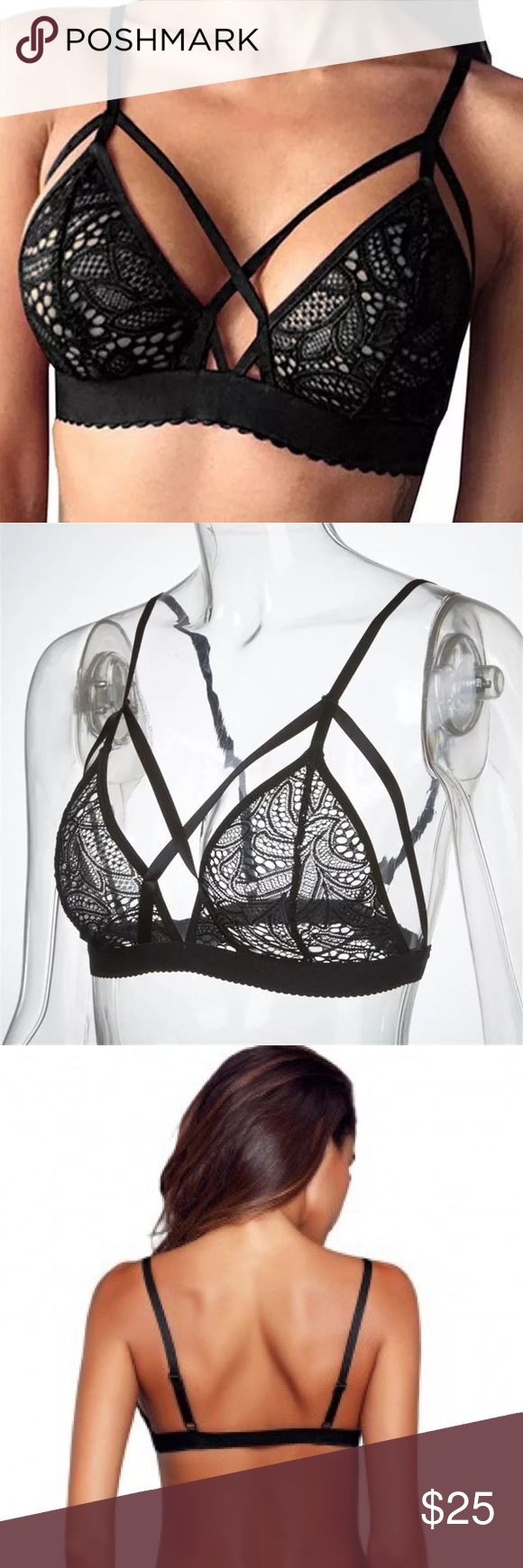 Black Lace Double Strap Wire Free Bra NWT -All Black Strappy Lace Bra -Scalloped Band -Adjustable Spaghetti Straps -Elastic Band -95% Polyester/ 5% Spandex -No Padding -No Underwire FLAT MEASUREMENTS: —Under Bust 13-1/2” —Under Bust Band Width 1” —Triangles: 5-1/2” High (excluding band) —Triangles: 6-1/2” Wide @ Bass -No Trades -Thank You Boutique Intimates & Sleepwear Bras Black Lace Bra With Adjustable Straps, Fitted Black Bra With Spaghetti Straps, Black Fitted Bra With Spaghetti Straps, Black Fitted Strappy Bra, Black Strappy Fitted Bra, Black Camisole Bra For Summer, Low-cut Black Summer Bra, Black Camisole With Adjustable Straps, Black Low-cut Summer Bra