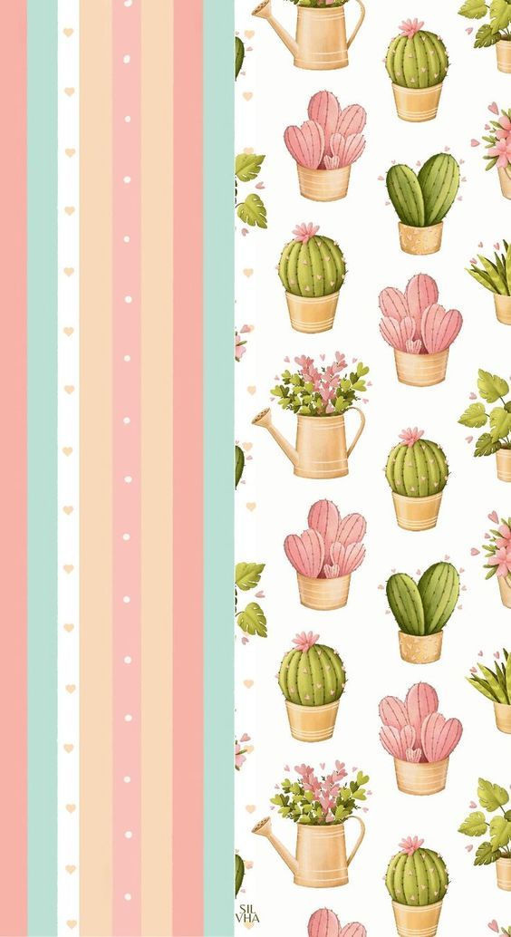 a wallpaper with pink flowers and green cactuses in pots on the side of it