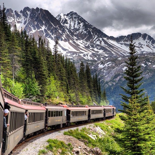 a train traveling through the mountains with snow covered mountains in the background and evergreen trees on either side