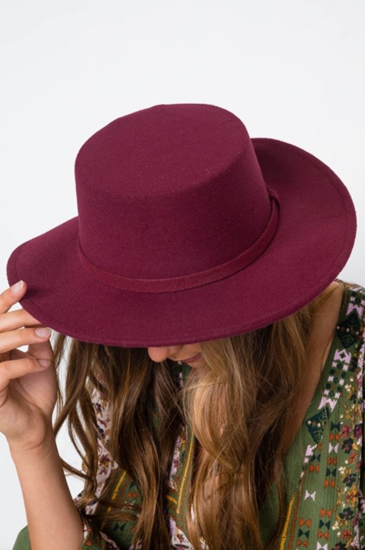 This hat is perfect for Fall. Hat features small brim and solid trim. Circumference: 23" / Brim: 3" 100% Polyester Winter Burgundy Wide Brim Fedora, Burgundy Flat Brim Felt Hat For Fall, Burgundy Short Brim Hat For Fall, Burgundy Brimmed Fedora For Fall, Burgundy Fedora Hat For Fall, Classic Burgundy Hats For Fall, Burgundy Curved Brim Hat For Fall, Winter Burgundy Hat With Curved Brim, Solid Flat Brim Felt Hat For Spring