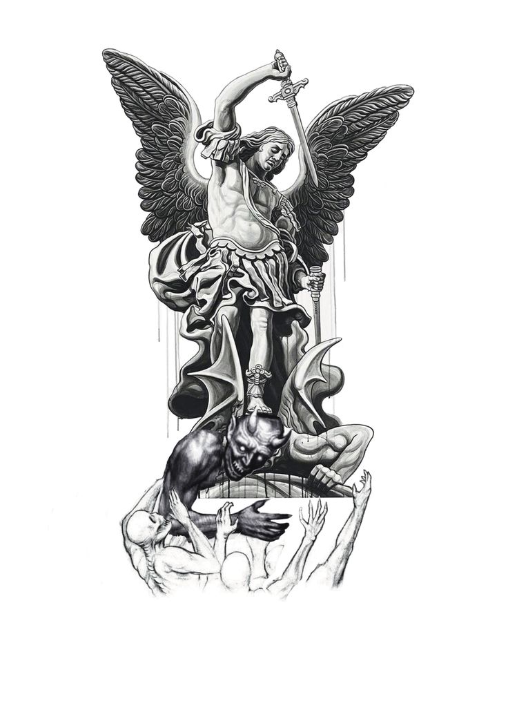 a black and white drawing of an angel holding a demon