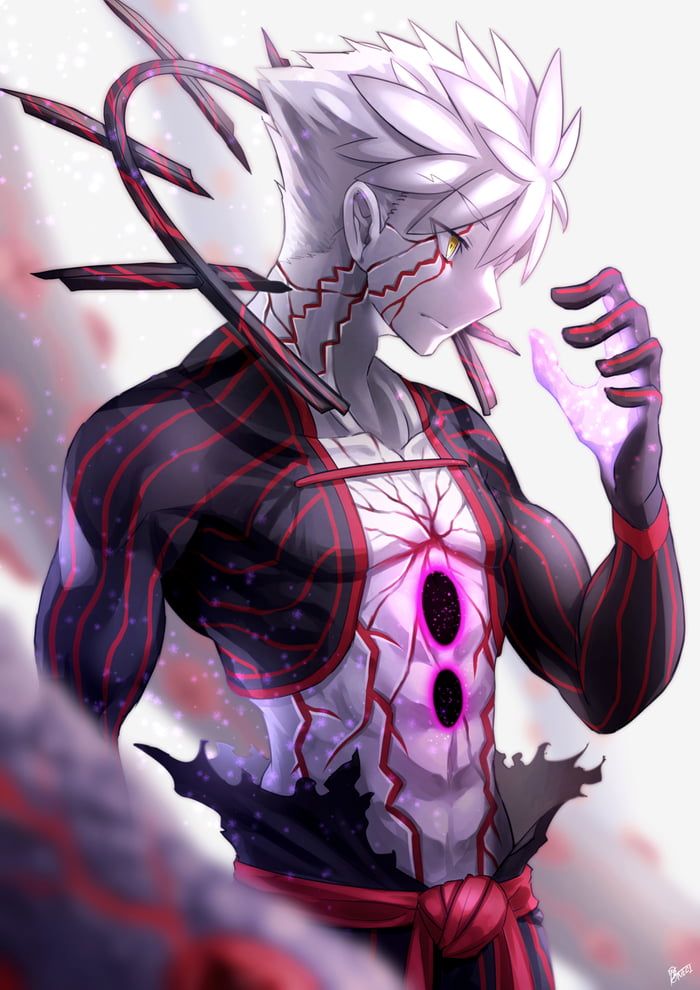 an anime character with white hair and red eyes holding a knife in his hand, while standing