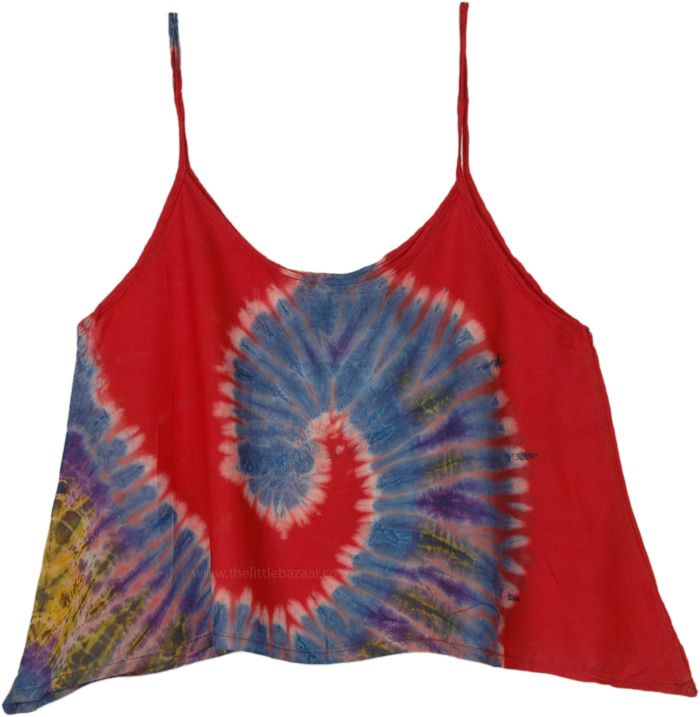 This crop top features a bold red base with a mesmerizing tie-dye swirl pattern that is sure to turn heads.  The spaghetti straps add a touch of delicate femininity to the piece, while the cropped hemline offers a modern, trendy twist. #tlb #vacationclothing #beachwrap #TieDye #Handmade #tiedyetop Red Trendy Camisole Crop Top, Trendy Red Camisole Crop Top, Red Casual Camisole Crop Top, Casual Red Camisole Crop Top, Red Camisole Crop Top Casual Style, Summer Festival Red Tank Top, Summer Festival Camisole With Spaghetti Straps, Casual Red Festival Tank Top, Red Tank Top For Summer Festivals