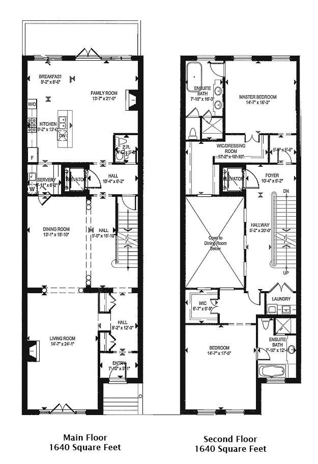 two story townhouse plans are shown in black and white, with the first floor plan for