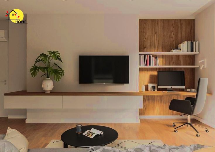 a living room filled with furniture and a flat screen tv on top of a wooden shelf